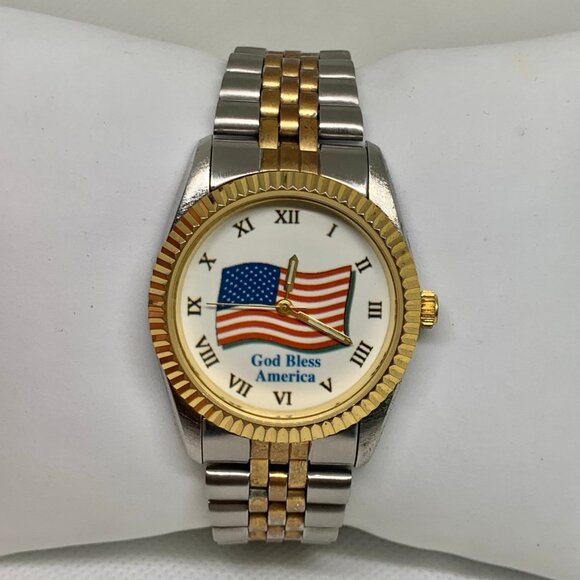 Vintage gold bless America USA flag dial watch men two tone classic running - Picture 1 of 8